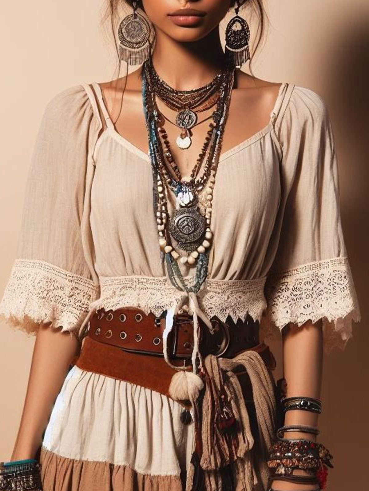 Boho V Neck Half Sleeve Lace Splicing Blouse