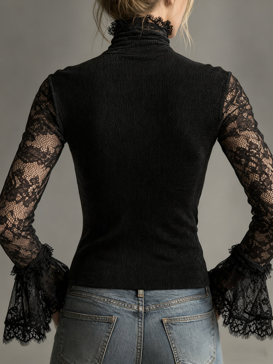 Ursiime Black Sheer Lace Flare Sleeve High Neck Top