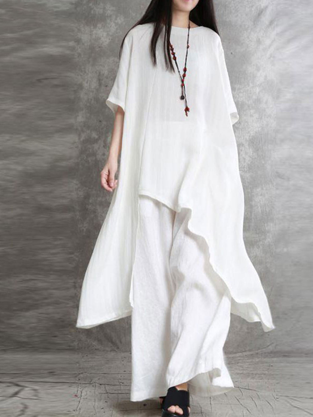 Minimalist Plain Half Sleeve Loose Asymmetrical Shirt & Pants 2Pcs Set
