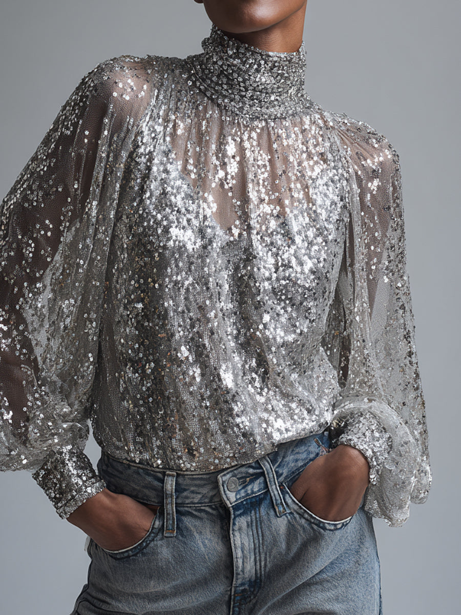 Ursiime Evening Gowns Glitter Silver High Collar Lantern Sleeve Long Sleeve Sequin Elegant Blouses