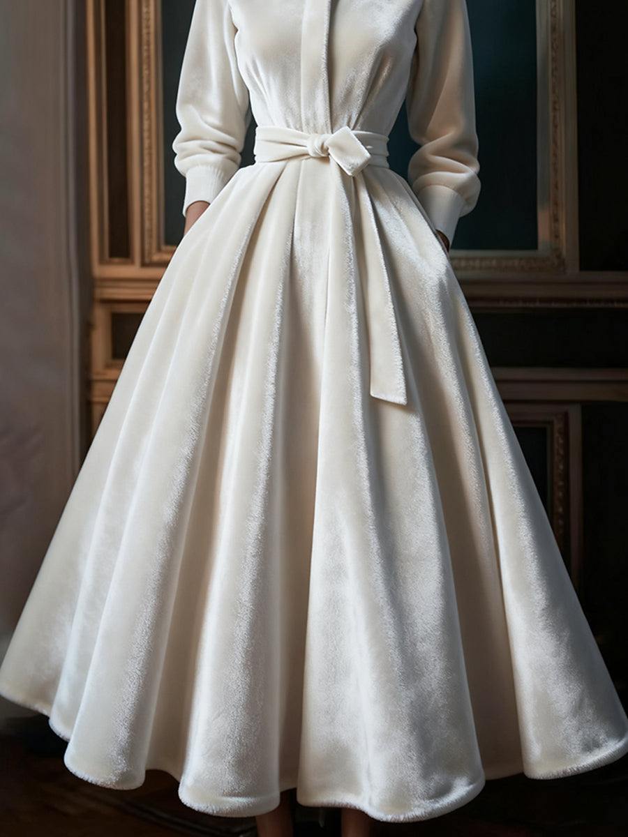 Ursiime Formal White Stand-Up Collar Long Sleeve Bow Tie Elegant Pocket Velvet Maxi Dresses