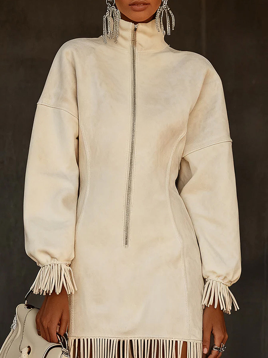 Casual White Stand Collar Long Sleeve Half-Zip Fringe Suede Mini Dress