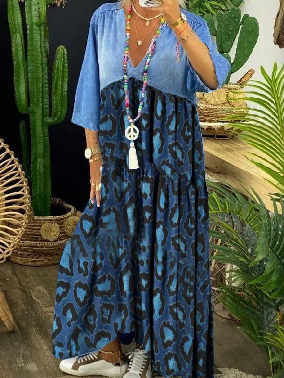 Ursiime Vintage Leopard Denim Patchwork Raw Trim Maxi Dress