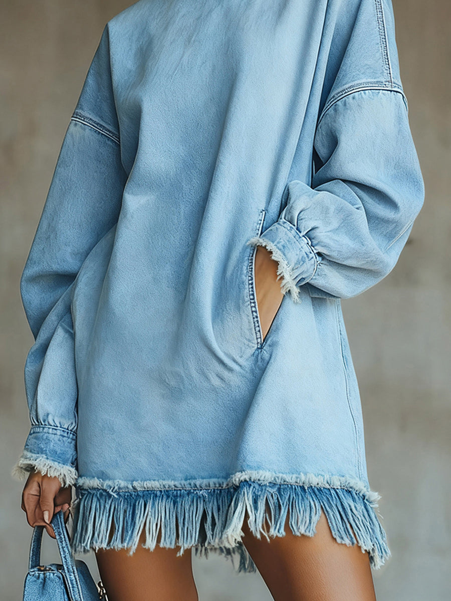 Ursiime Daily Blue Round Neck Long Sleeve Strappy Casual Trimmings Denim Mini Dresses