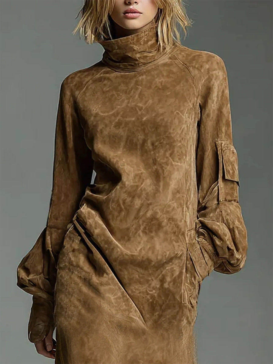 Ursiime Business Casual Brown High Collar Long Sleeve Pocket Casual Midi Dresses