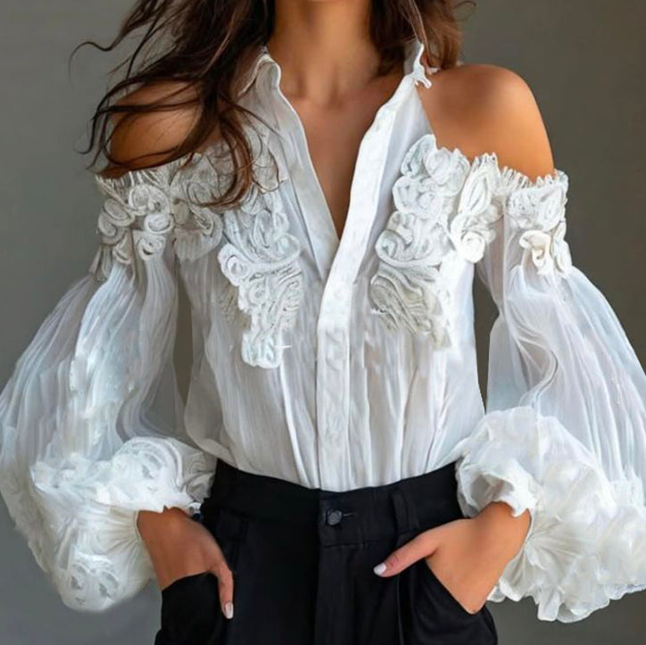 Ursiime Shirt Collar Cold Shoulder Puff Sleeve Button Blouse