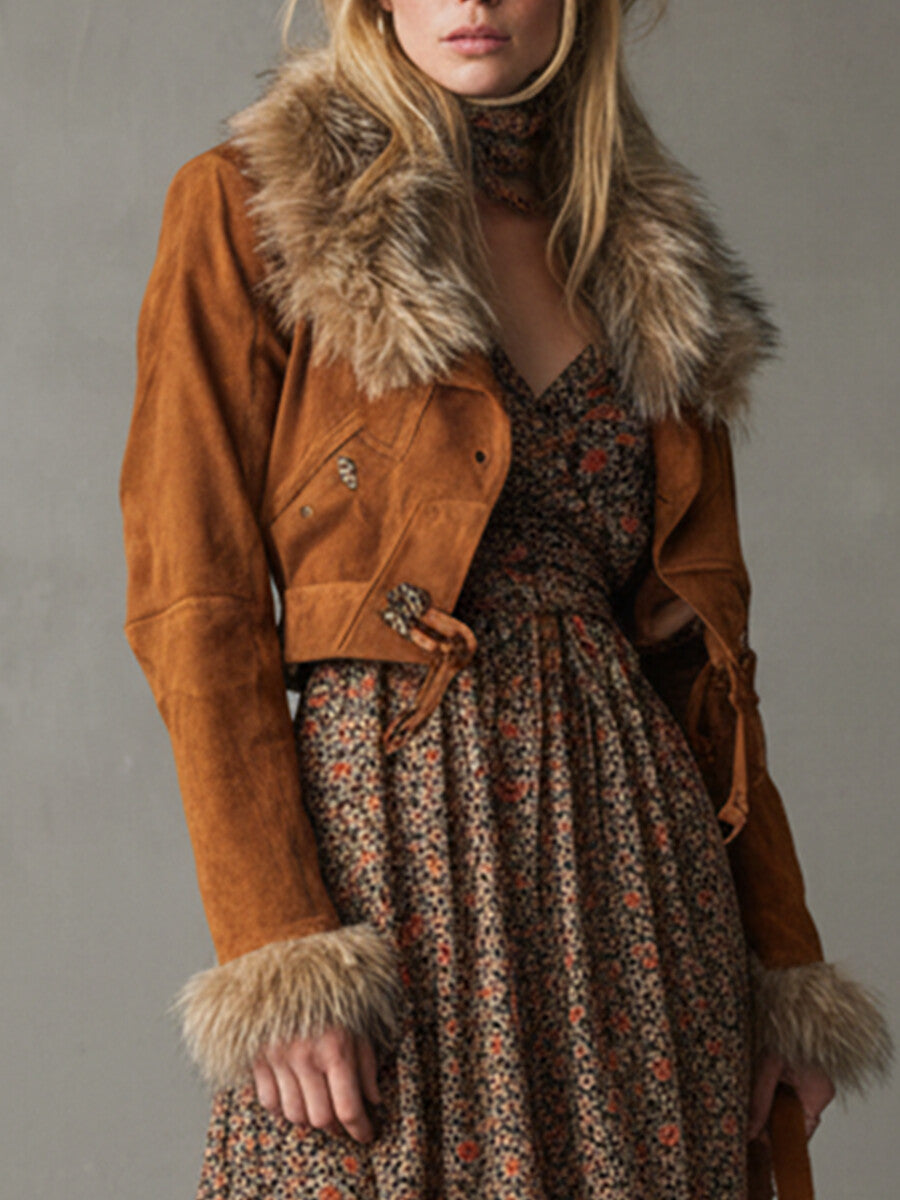 Ursiime Business Casual Brown Long Sleeve Feather Casual Short Flannelette Jacket