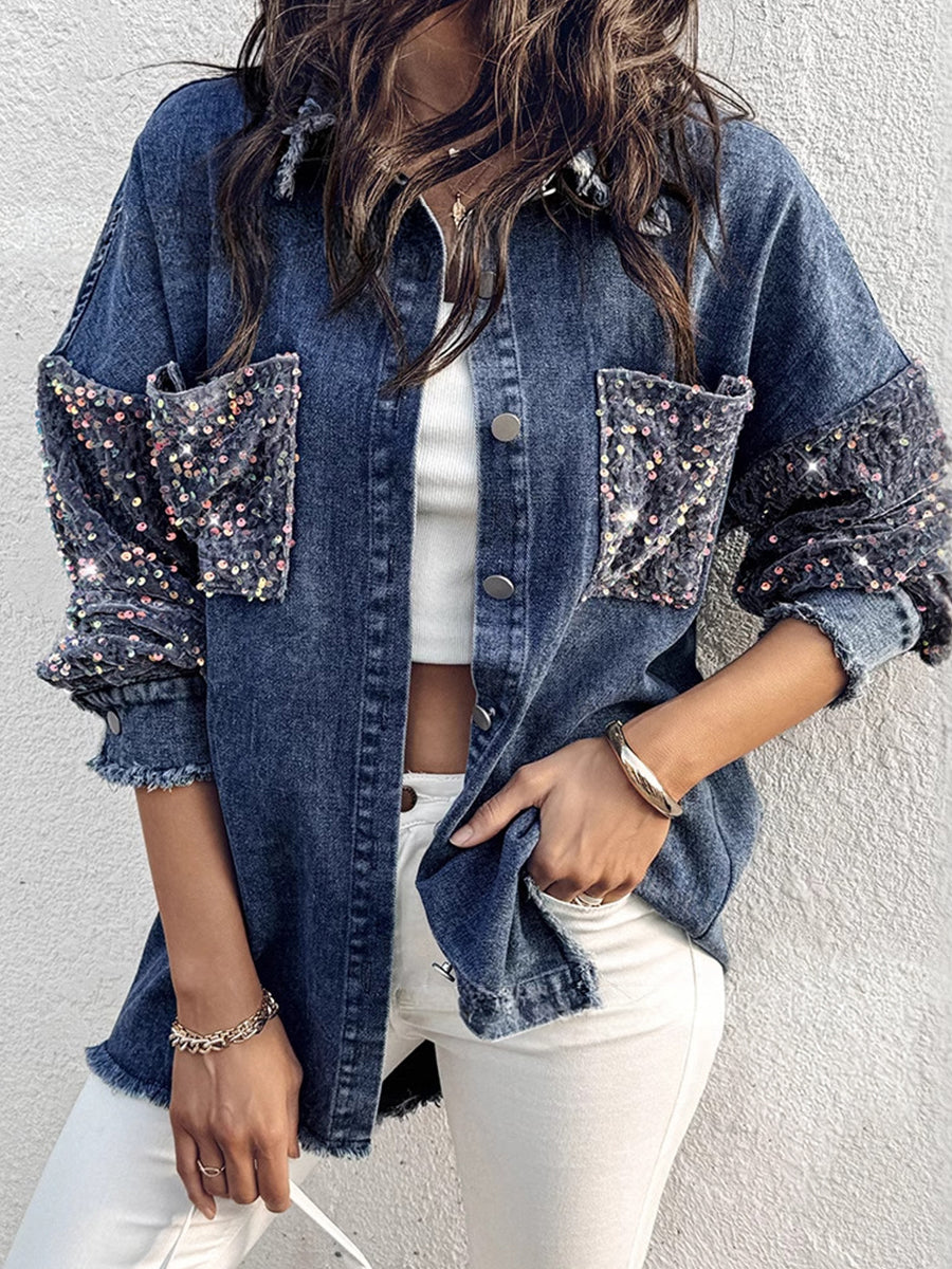 Fashion Blue Washed Denim Sequin Patch Pockets Long Sleeve Raw Edge Jacket