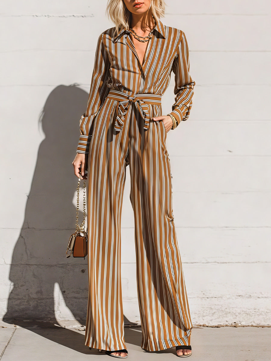 Ursiime Business Casual Brown Striped Shirt Collar Long Sleeve Wrap Casual Pocket Jumpsuits