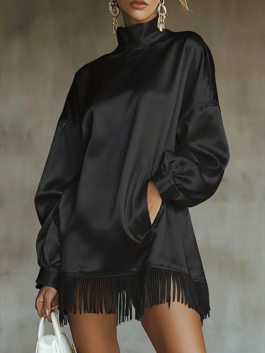 Ursiime Party White High Collar Lantern Sleeve Long Sleeve Strappy Casual Pocket Satin Mini Dresses [Pre-Order]