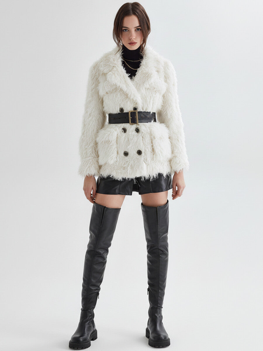 Ursiime Business Casual White Lapel Collar Long Sleeve Cargo Casual Faux Fur Jacket