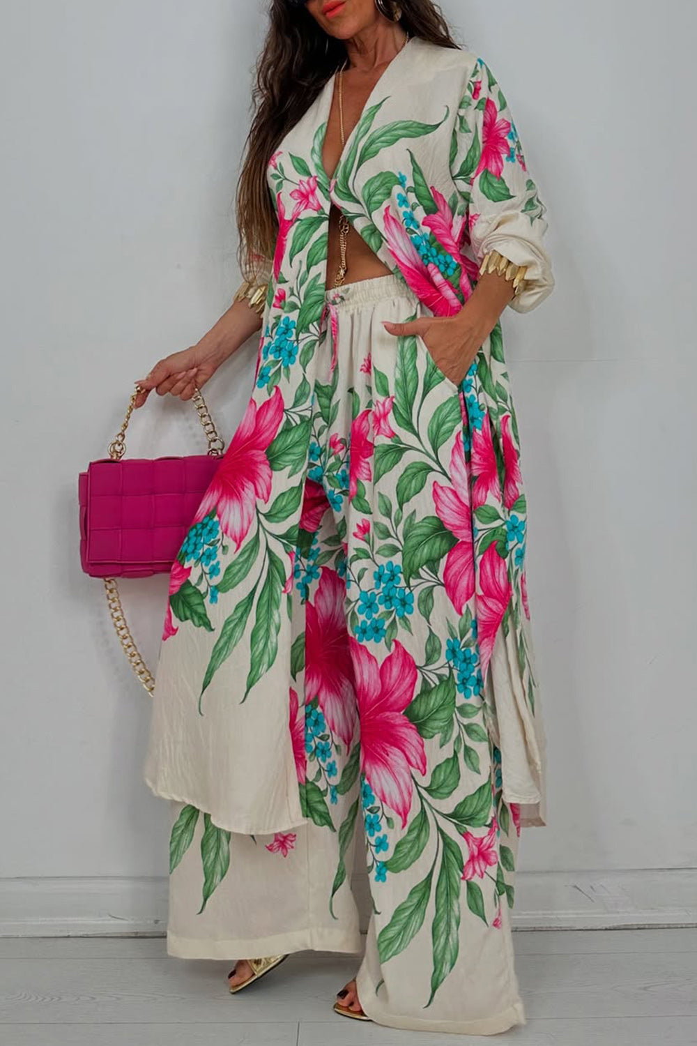 Ursiime Design Business Casual White Tropical Print Long Sleeve Pocket Casual Wide Leg Two Piece Pant Sets [Pre-Order]