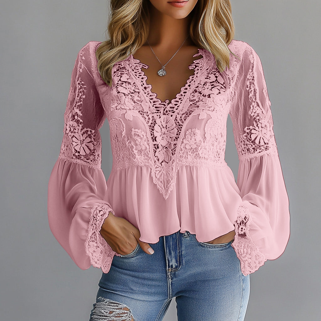Ursiime Lace Floral Hollow Out V Neck Lantern Sleeve Blouse