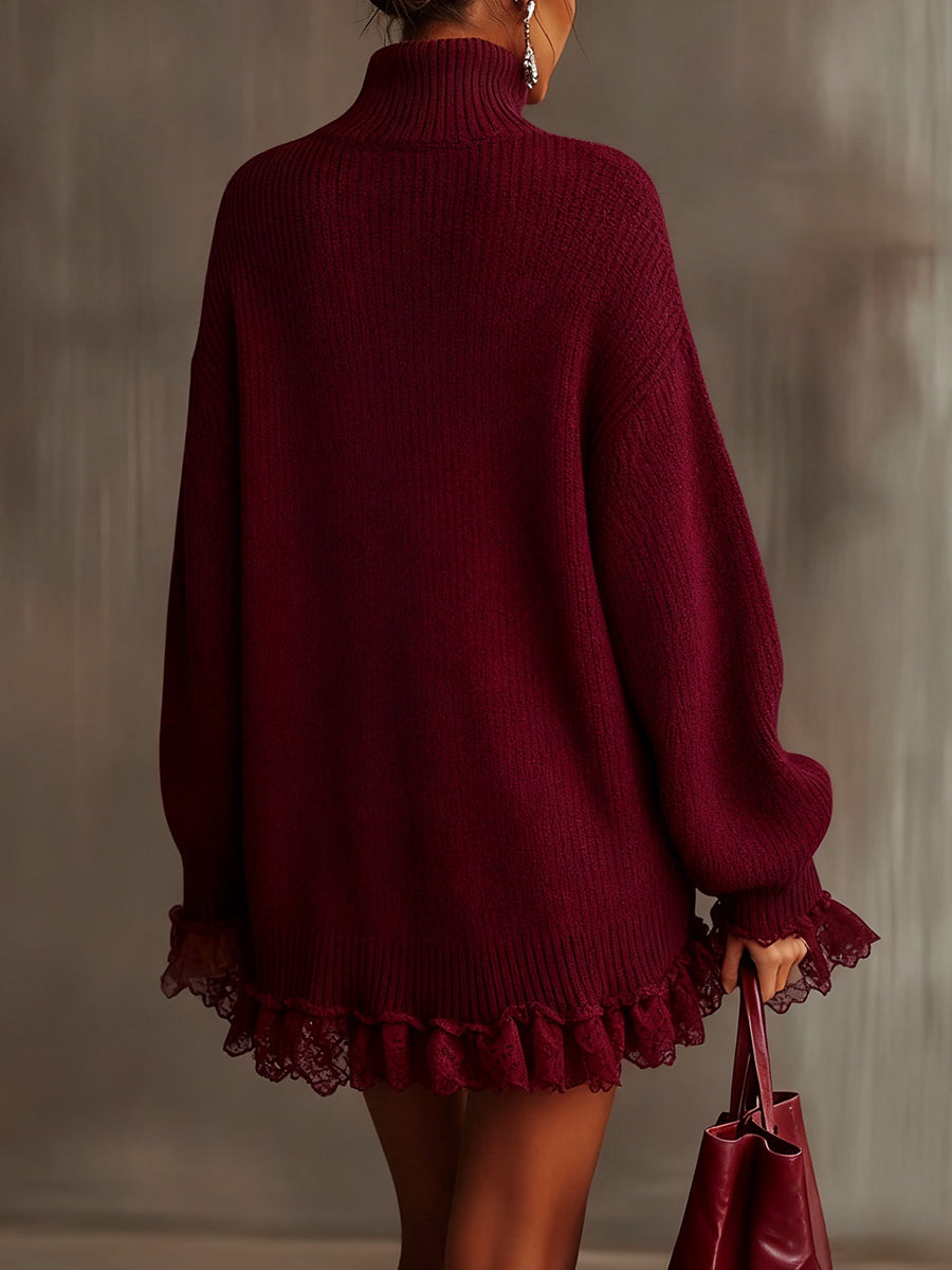 Ursiime Party Lace Burgundy High Collar Long Sleeve Ruffle Vintage Contrast Knitted Mini Dresses [Pre-Order]