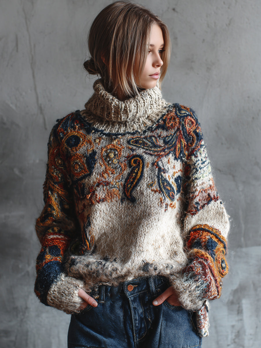 Ursiime Daily Mohair Beige Paisley High Collar Long Sleeve Vintage Crochet Sweaters