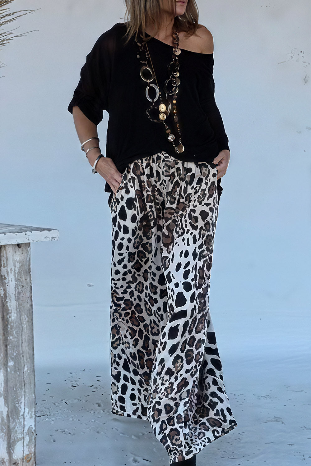 Ursiime Design Daily Black Leopard 3/4 Sleeve Pocket Elegant Two Piece Pant Sets [Pre-Order]