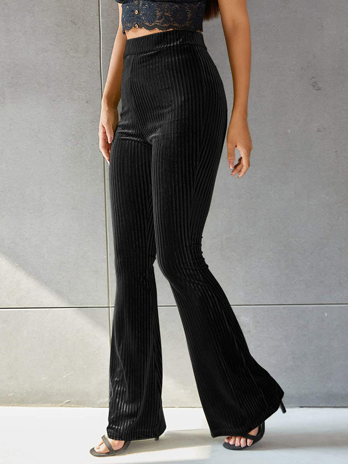 Velvet Pit Stripe High-Rise Elastic Waist Flare Leg Pants