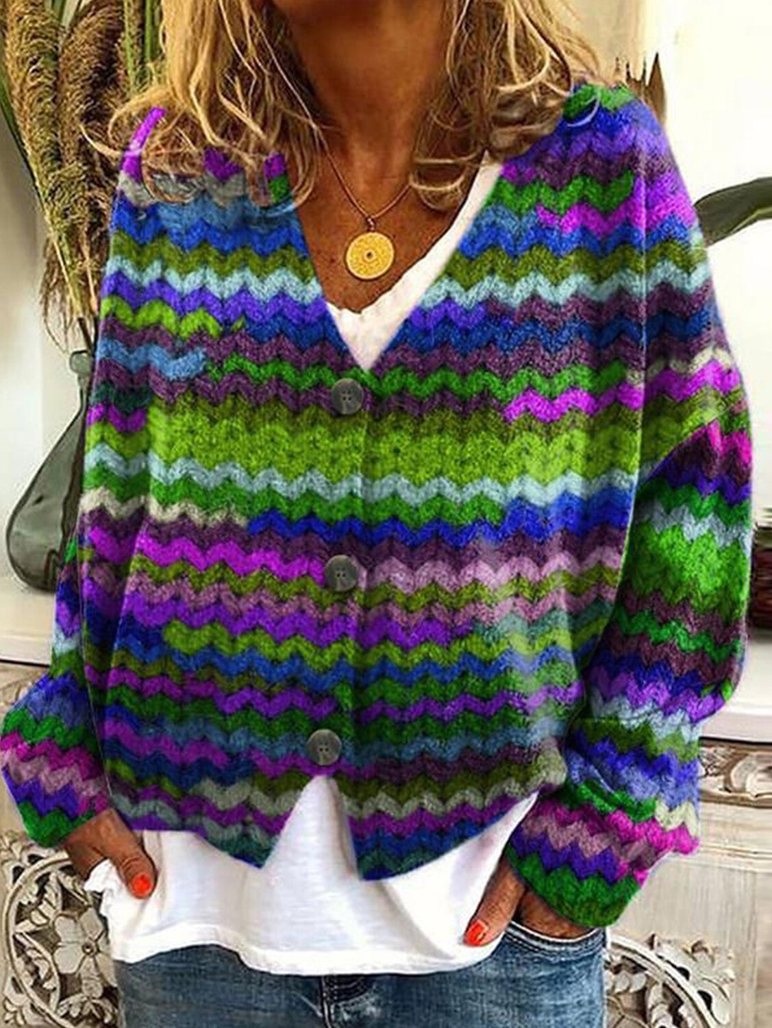 Casual Floral Pattern Three Button Knit Sweater Cardigan