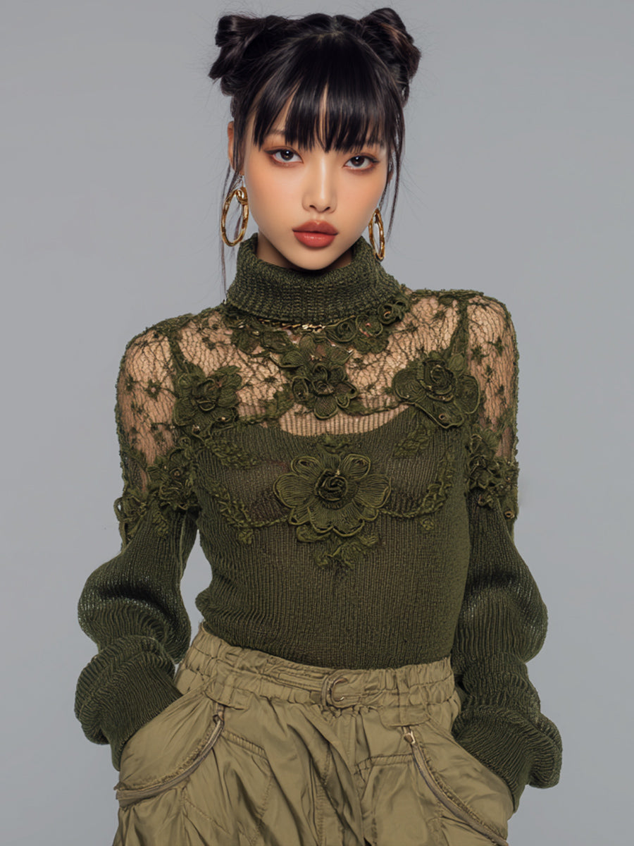 Ursiime Daily Lace Army Green High Collar Long Sleeve See Through Casual Contrast Rib Knit Sweaters [Pre-Order]