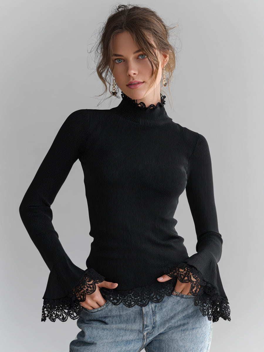Ursiime Daily Lace Black Patchwork Mock Neck Flare Long Sleeve Contrast Casual Knitted Sweaters