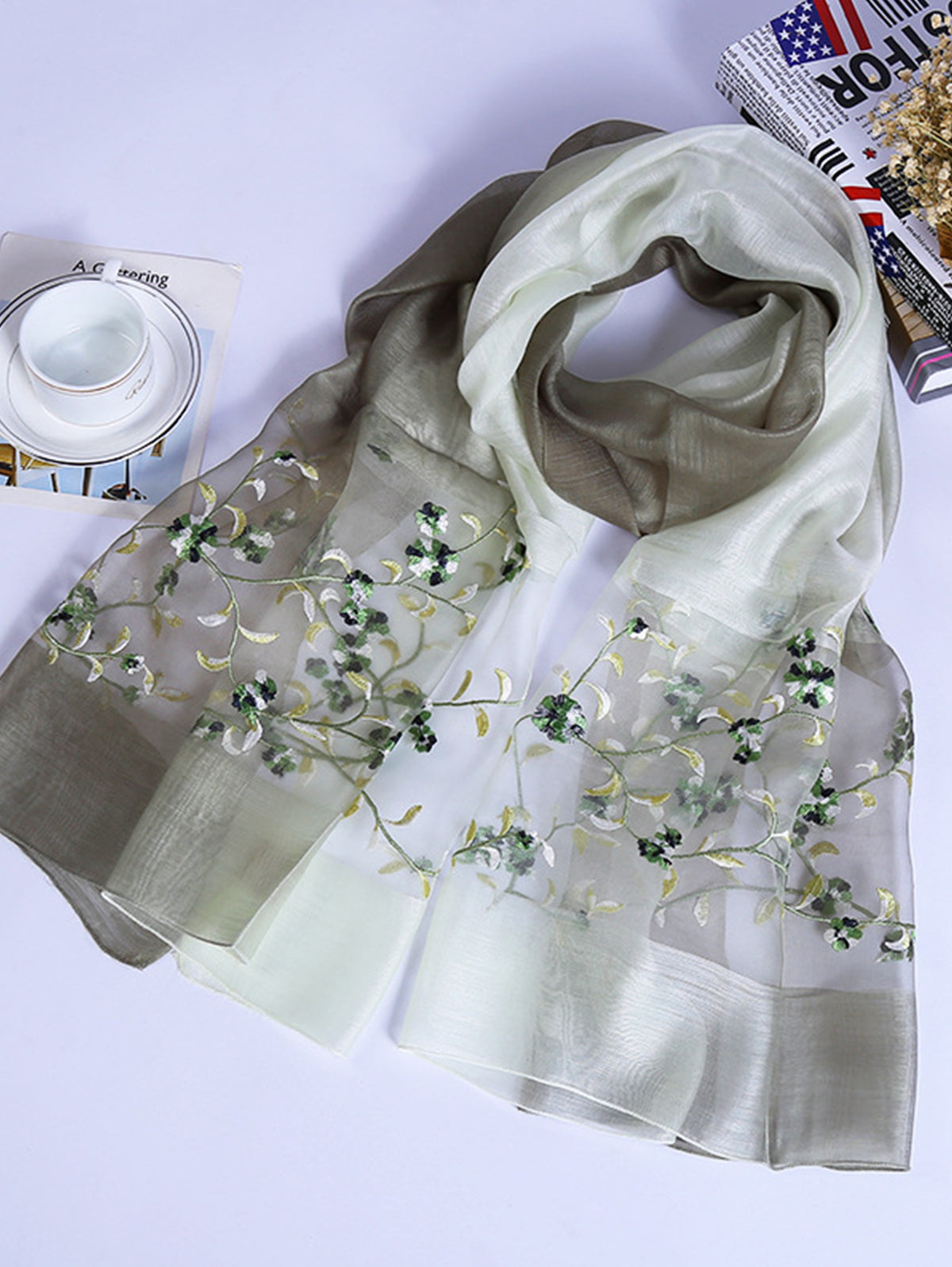 Daily Silk Gradient Floral Embroidery Rectangular Scarf