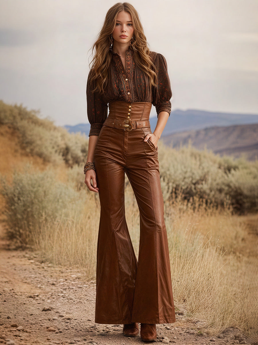 Ursiime Daily Brown Pocket Casual PU Leather Pants