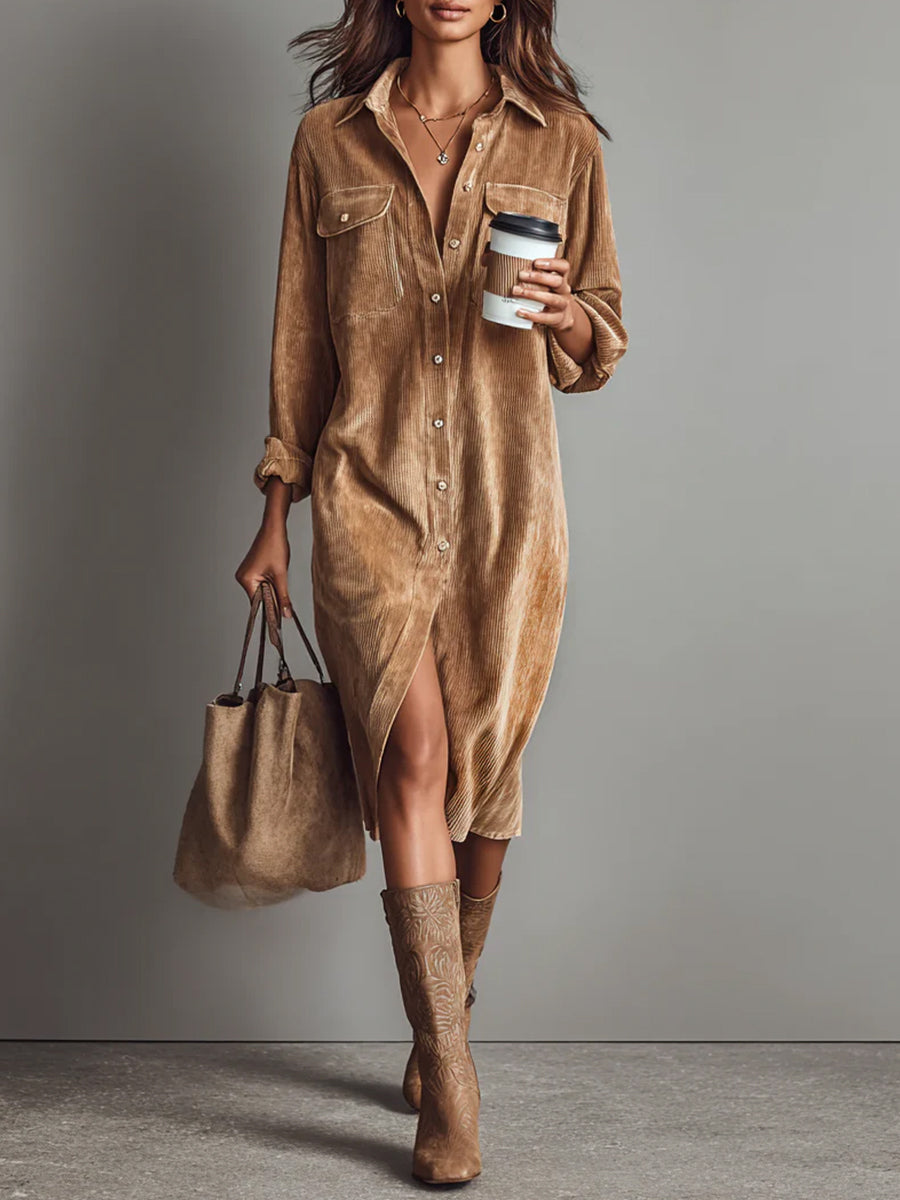 Daily Brown Shirt Collar Long Sleeve Split Casual Pocket Corduroy Midi Dresses