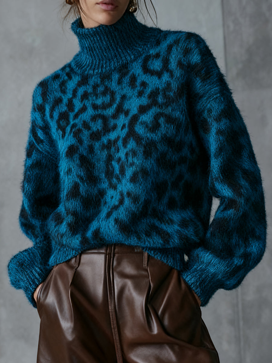 Ursiime Daily Blue Leopard High Collar Long Sleeve Casual Sweaters [Pre-Order]