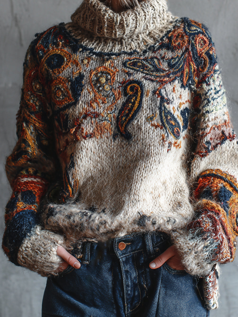 Ursiime Daily Mohair Beige Paisley High Collar Long Sleeve Vintage Crochet Sweaters