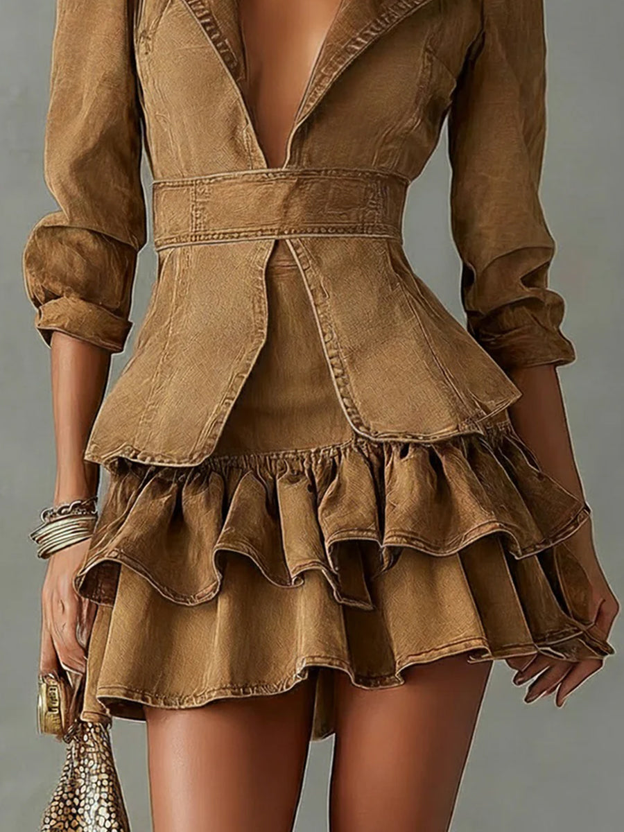 Ursiime Daily Brown Turndown Collar Long Sleeve Ruffle Vintage Denim Mini Dresses [Pre-Order]