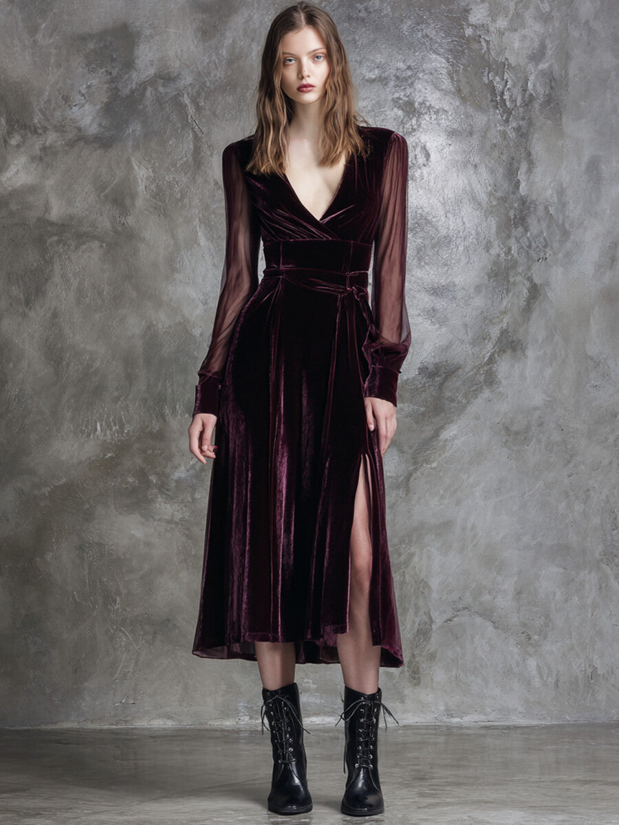 Ursiime Cocktail Party Burgundy V Neck Long Sleeve See Through Casual Split Velvet Midi Dresses