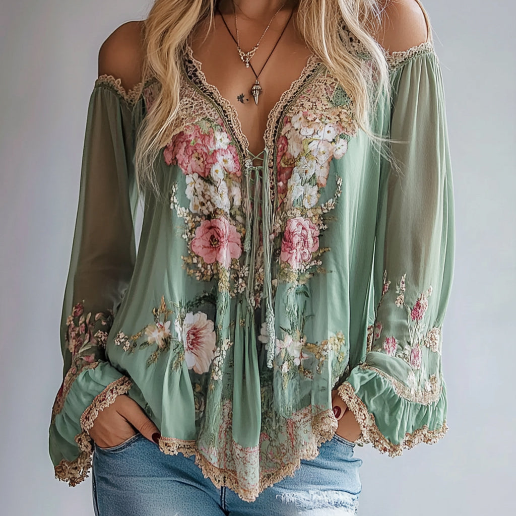 Ursiime Floral Cold Shoulder Lace Trim Ruffle Long Sleeve Blouse