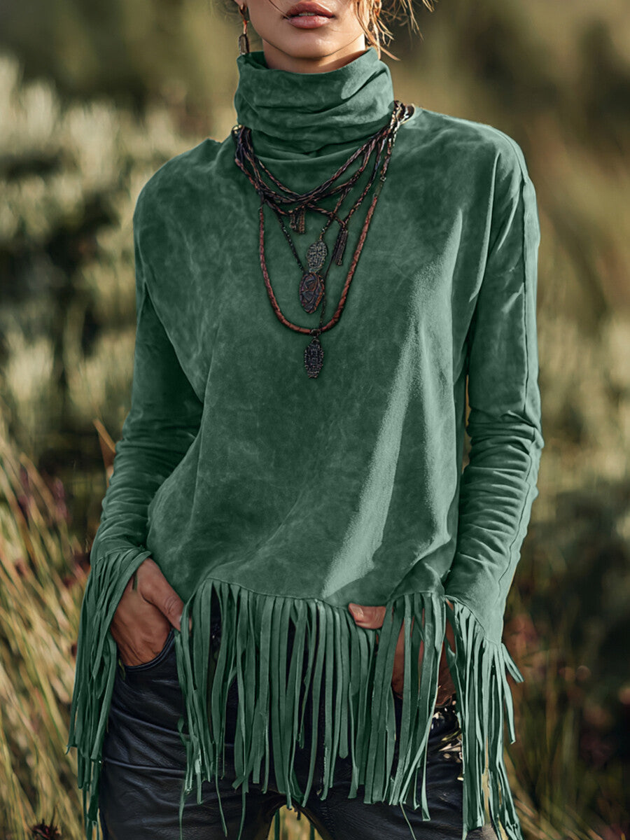 Ursiime Boho Green Suede High Neck Long Sleeve Fringe Hem Top