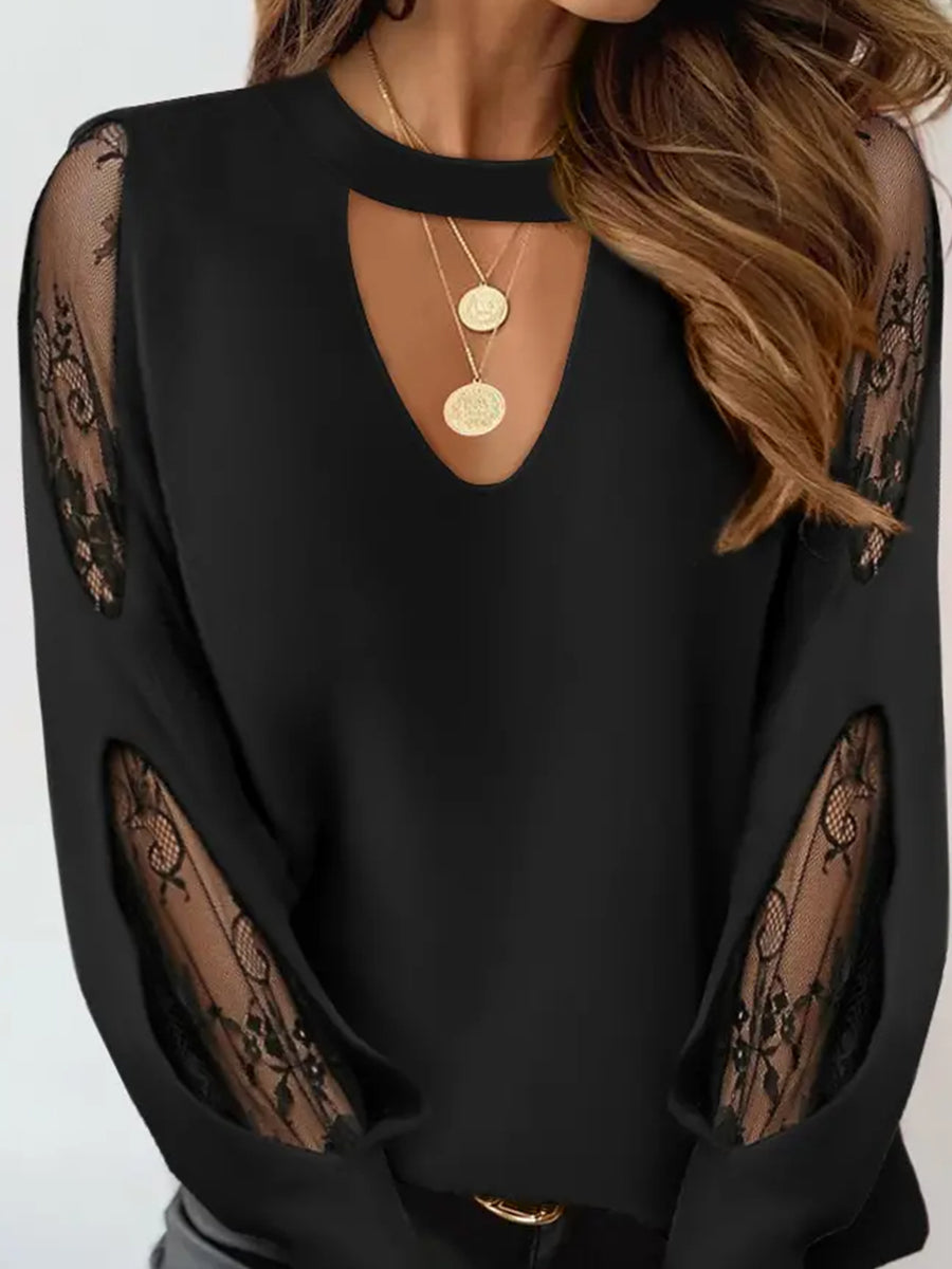 Casual Black Crew Neck Cut Out Lace Patchwork Long Sleeve Blouse