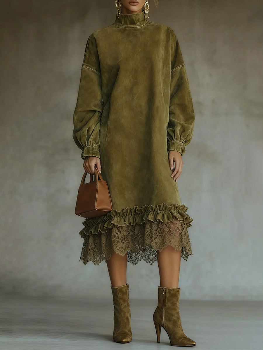 Ursiime Daily Lace Army Green High Collar Lantern Sleeve Long Sleeve Ruffle Casual Chamois Midi Dresses [Pre-Order]