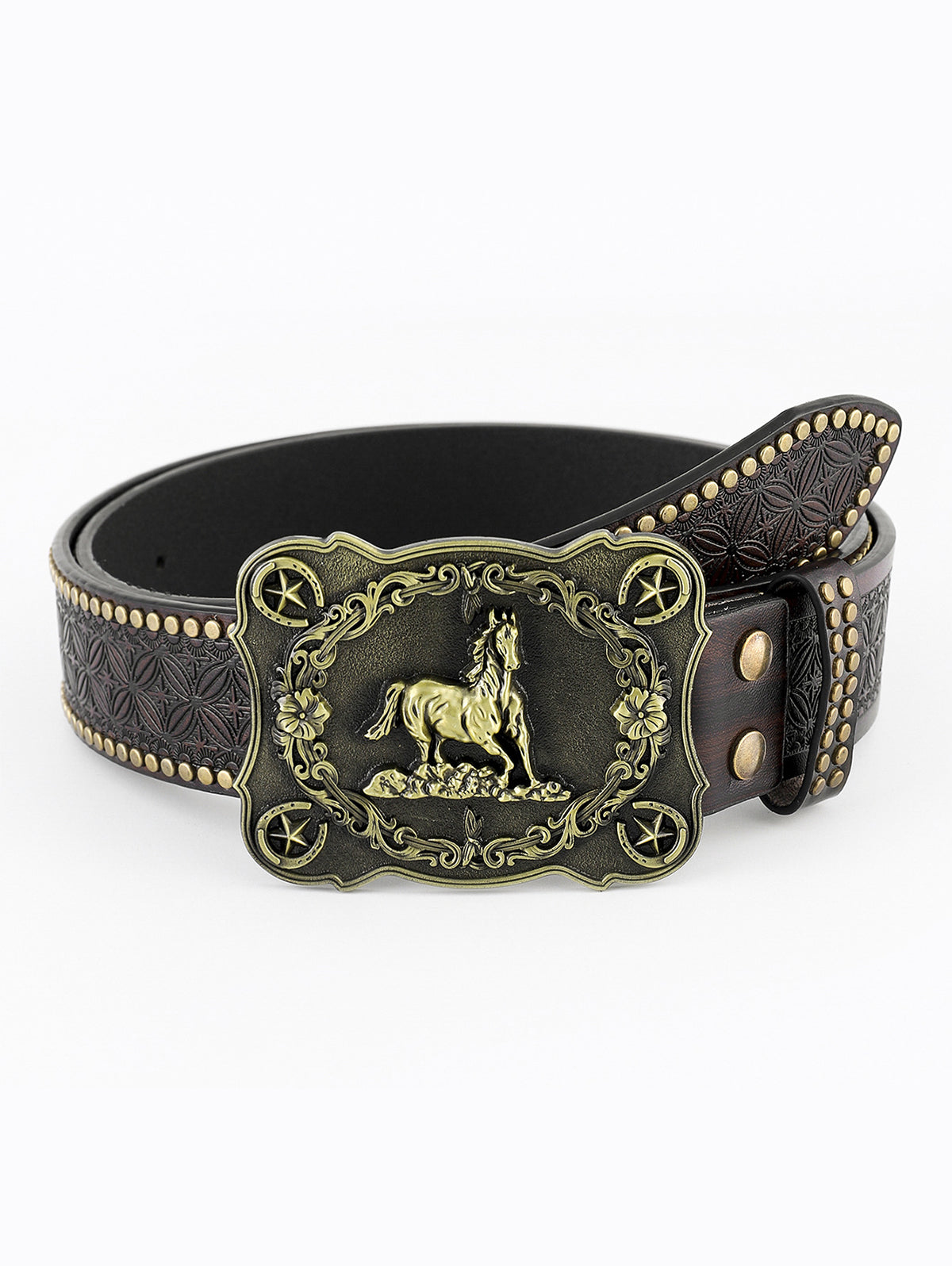 Western Metal Bull Head Beaded Embossed PU Leather Belt