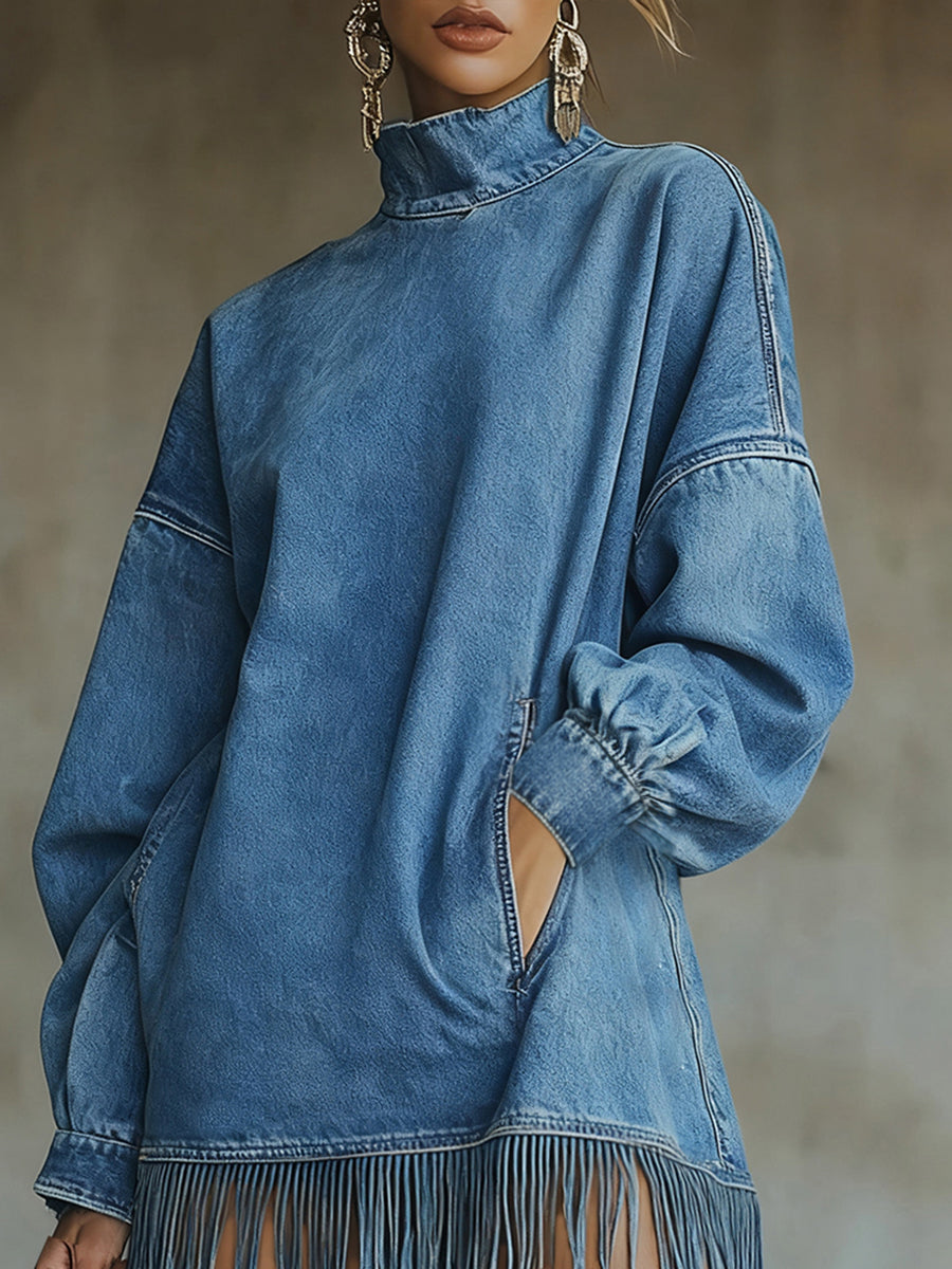 Ursime Blue Denim High Neck Lantern Sleeve Pocket Fringe Hem Mini Dress