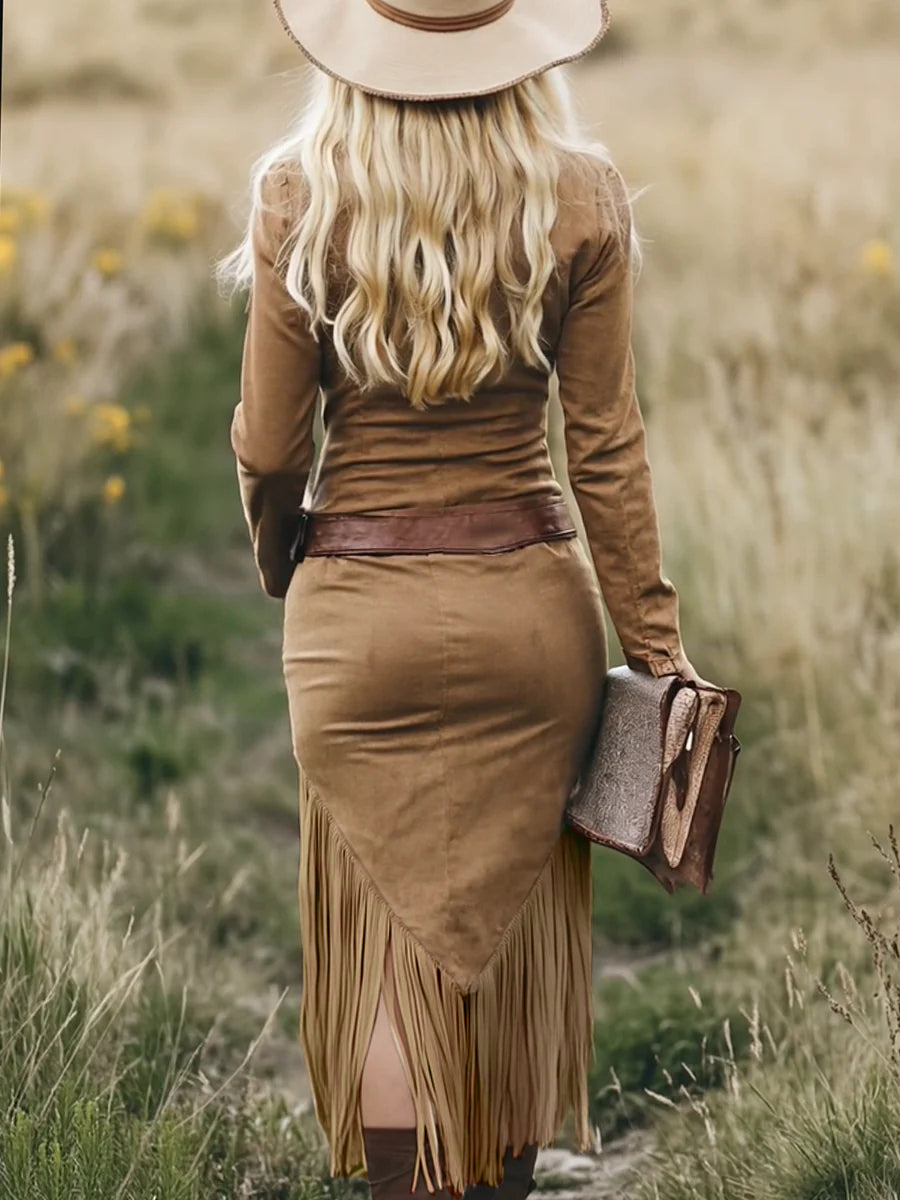 Western Khaki Suede Zipper Shirt Collar Fringe Hem Midi Dress(NO Belt)