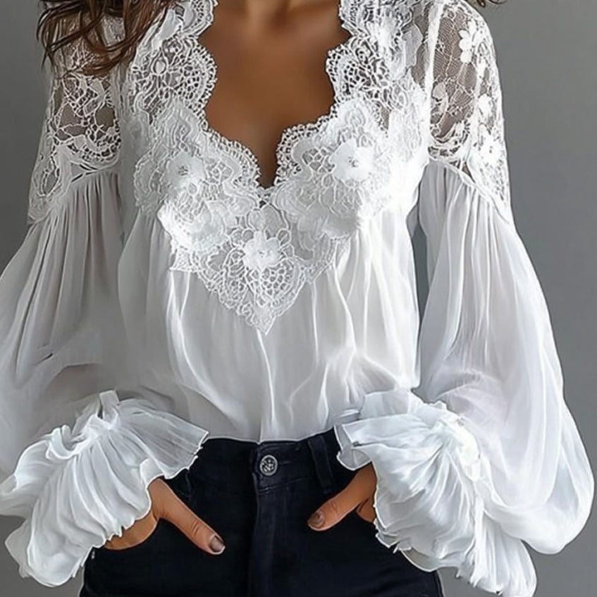 Ursiime Lace Floral Scallop Neck Lantern Sleeve Ruffled Cuff Blouse