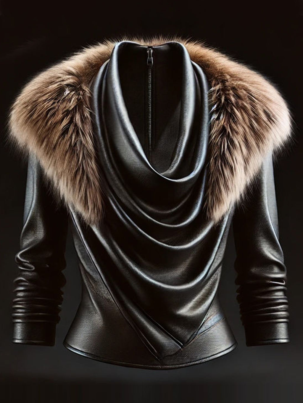 Ursiime Plush Trim Cowl Neck Long Sleeve PU Leather Blouse