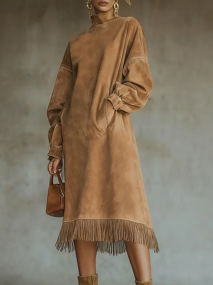 Ursiime Festival Brown High Collar Long Sleeve Strappy Vintage Pocket Chamois Midi Dresses