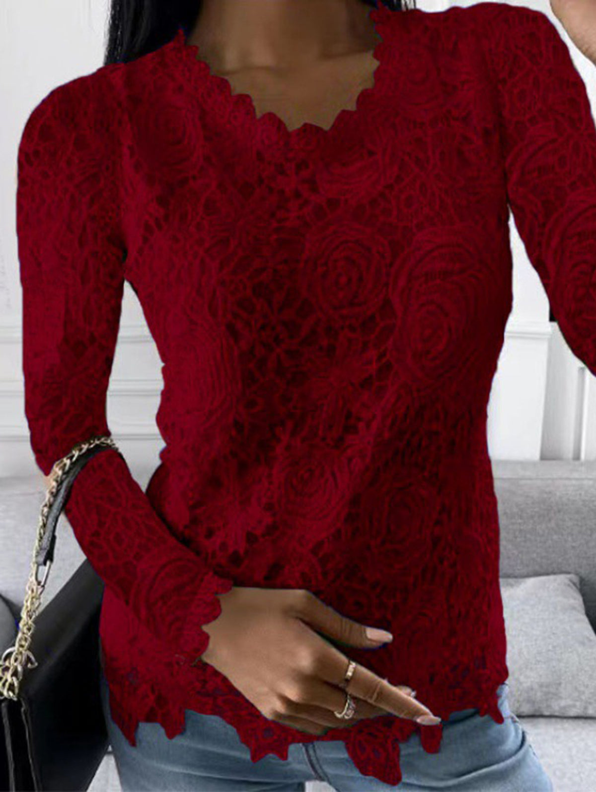 Casual Lace Patchwork Floral Crew Neck Long Sleeve Blouse