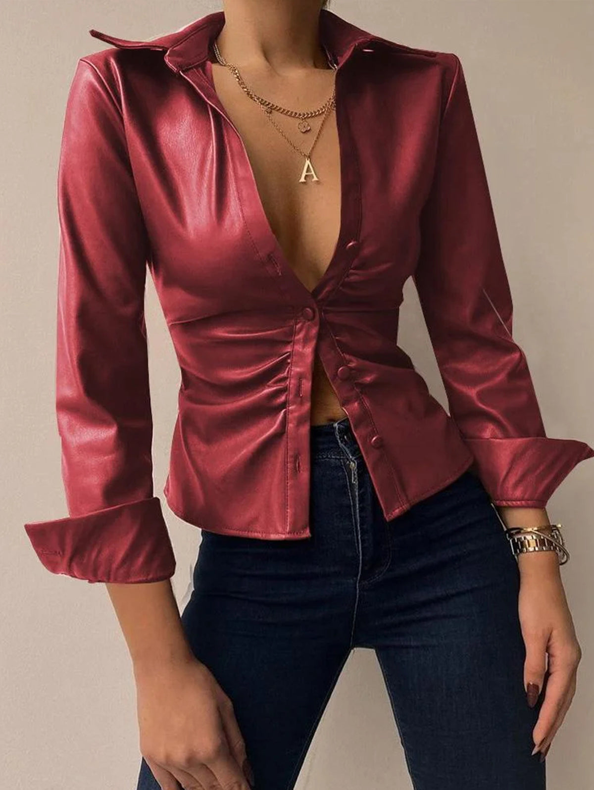 Casual PU Leather Shirt Collar Button Long Sleeve Blouse