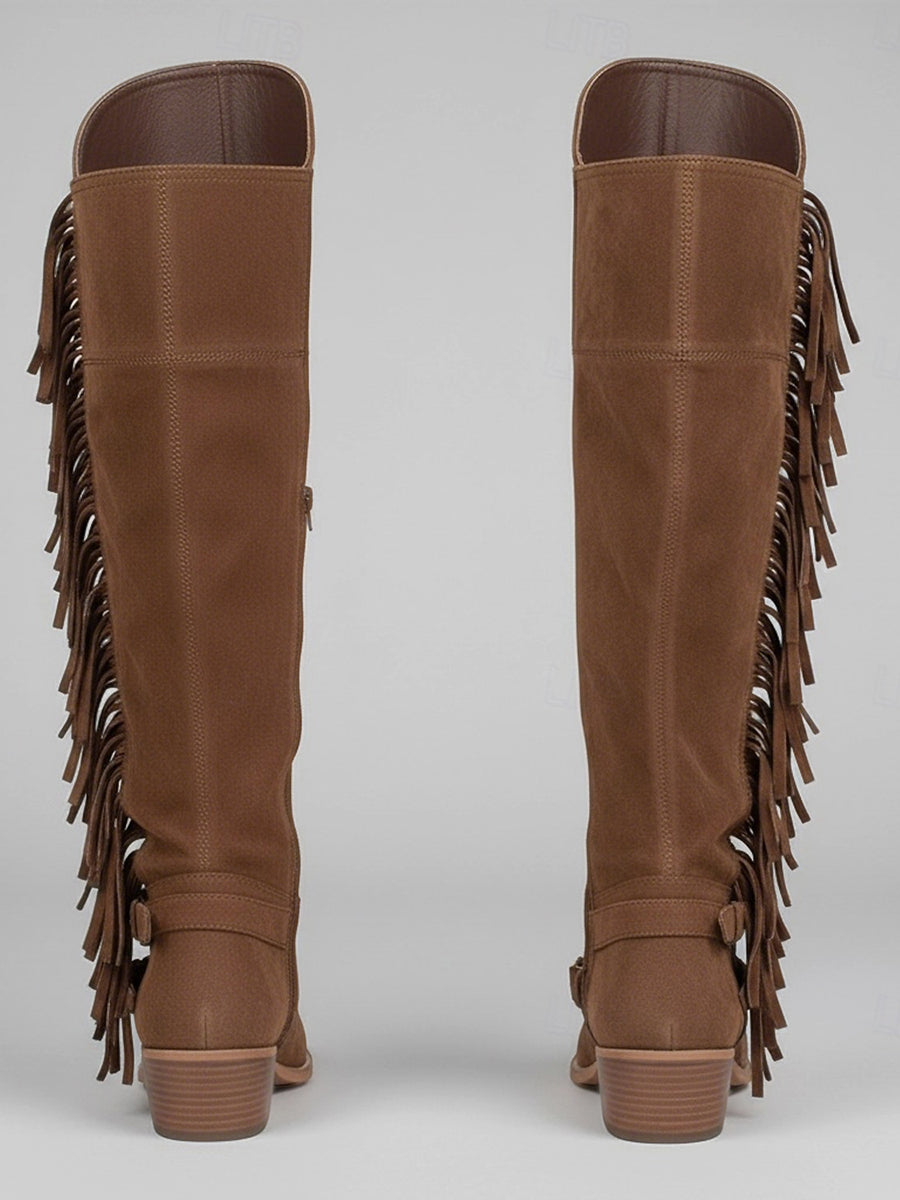 Western Brown Suede Double Buckle Straps Fringe Over-The-Knee Boots