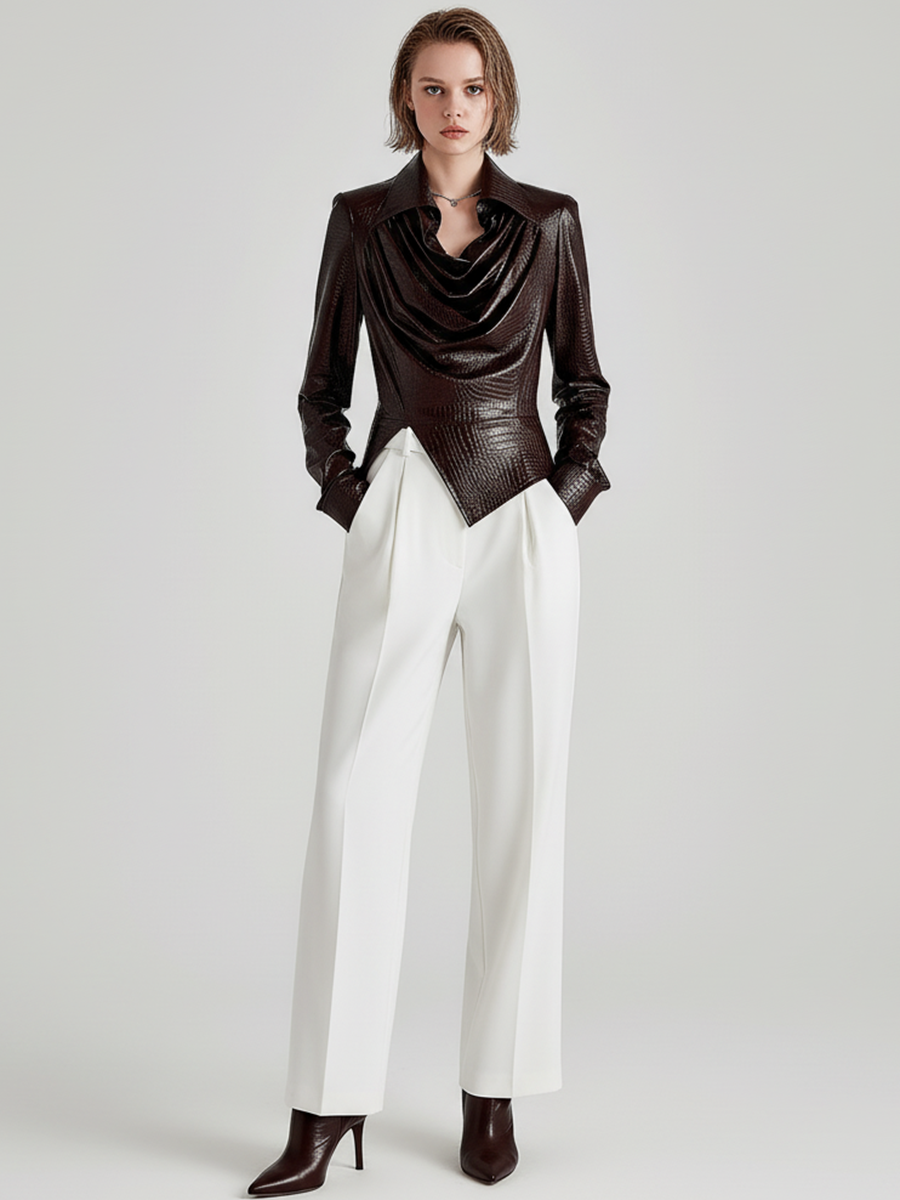 Ursiime Daily PU Leather Brown Cowl Neck Long Sleeve Asymmetric Hem Casual Short Blouses [Pre-Order]