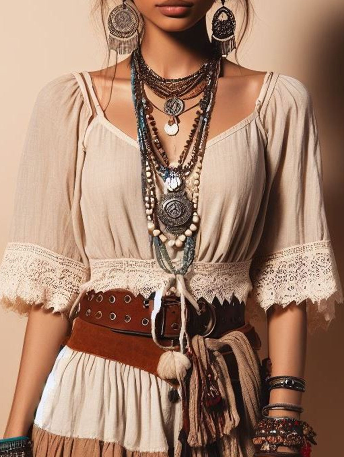 Boho V Neck Half Sleeve Lace Splicing Blouse