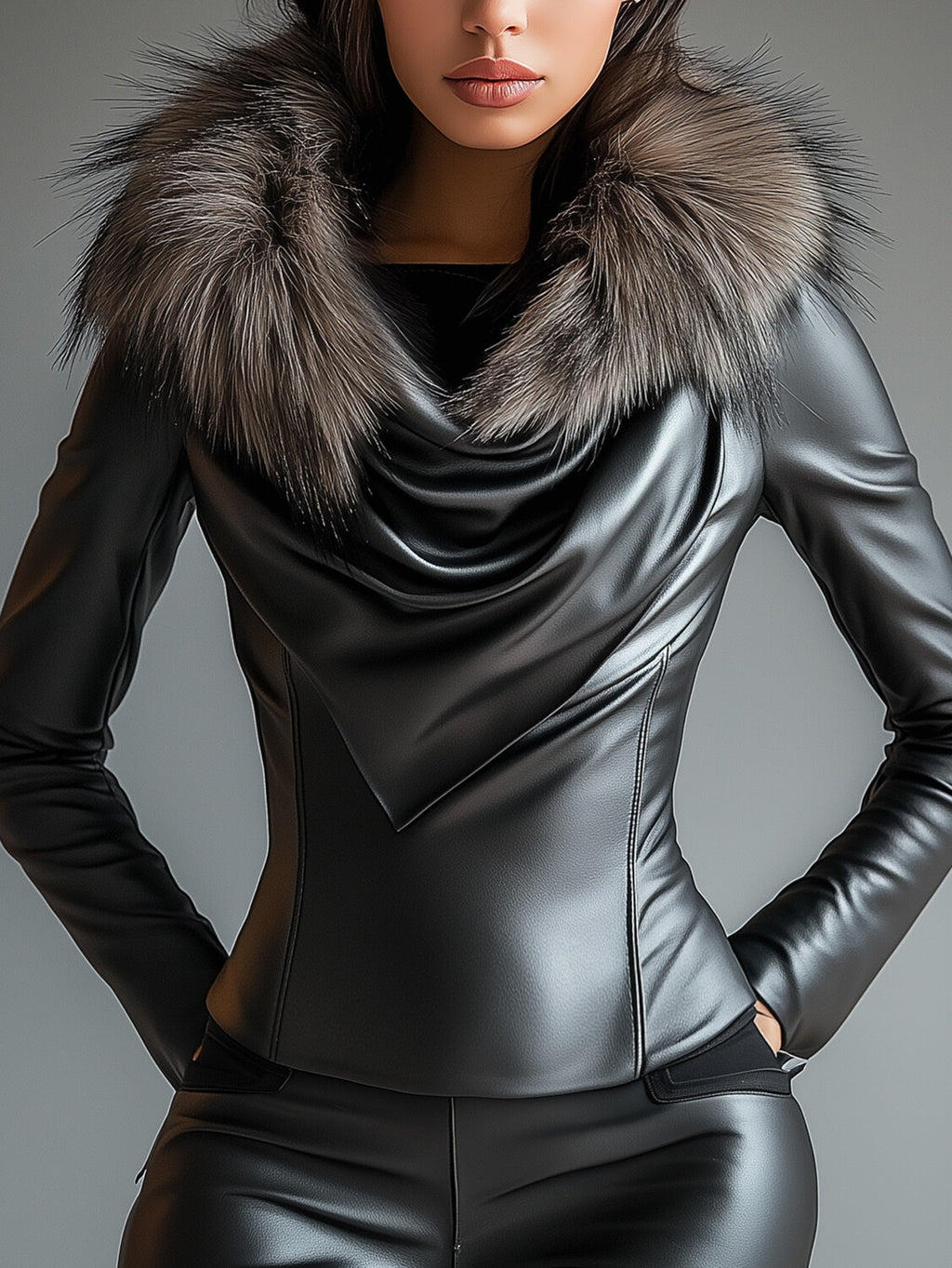 Ursiime Plush Trim Cowl Neck Long Sleeve PU Leather Blouse