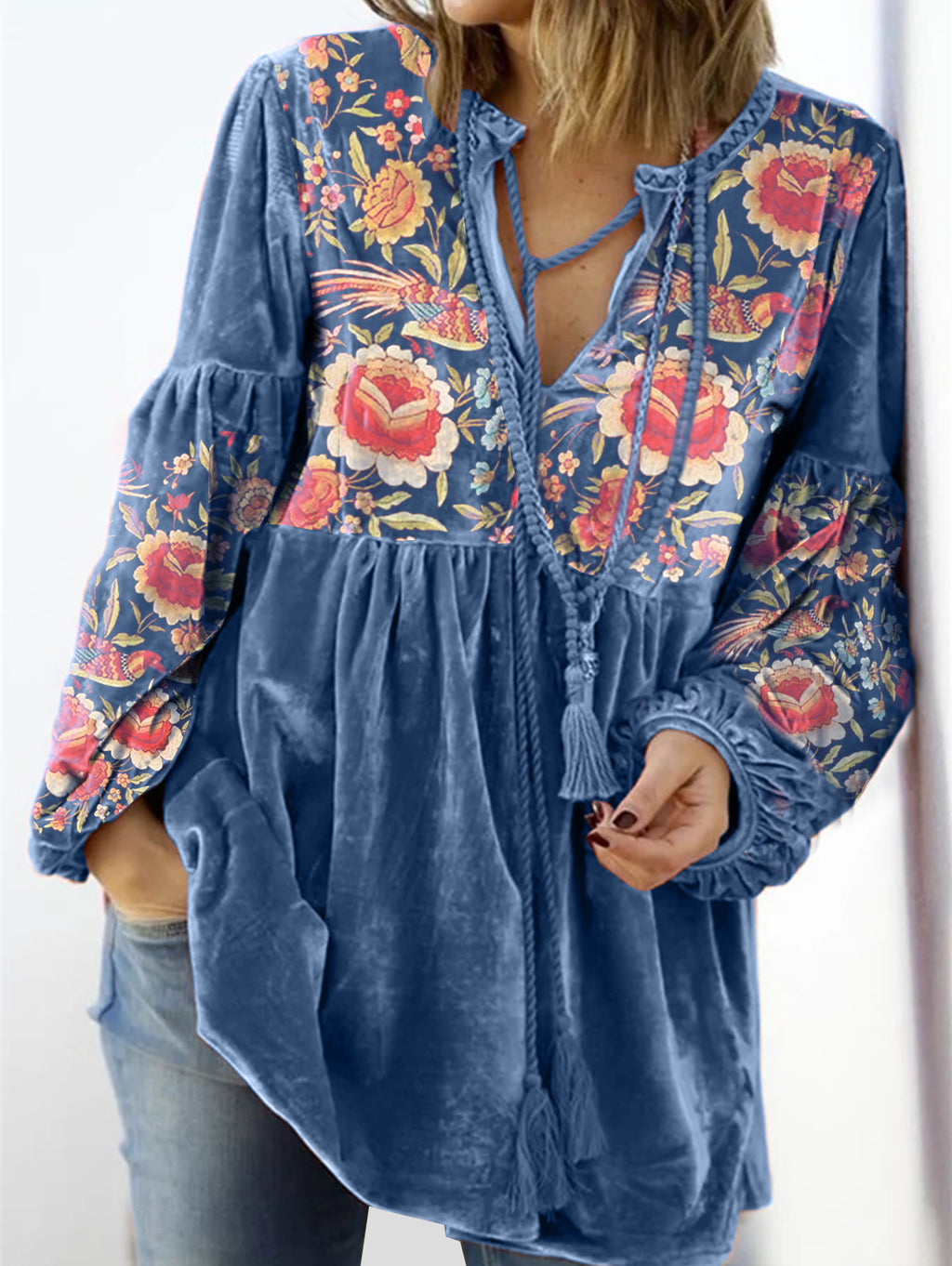 Ursiime V Neck Tie Front Gathered Floral Top