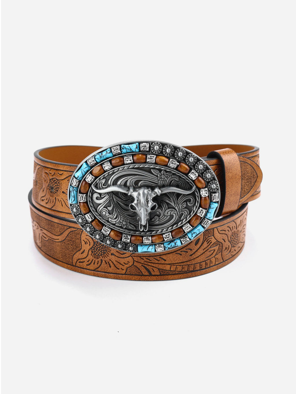 Western Metal Bull Head Beaded Embossed PU Leather Belt