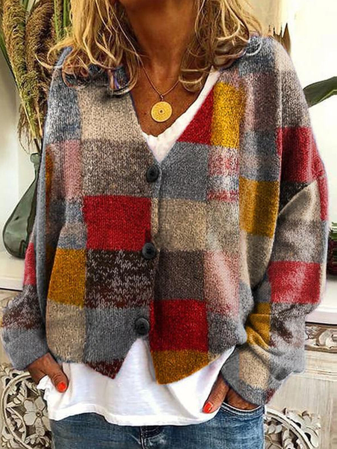 Casual Floral Pattern Three Button Knit Sweater Cardigan